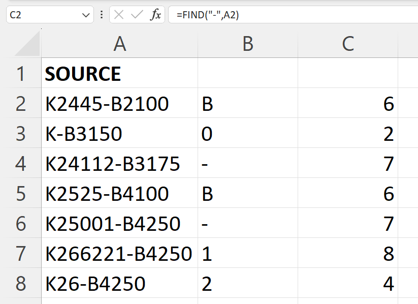 Excel Find function example.