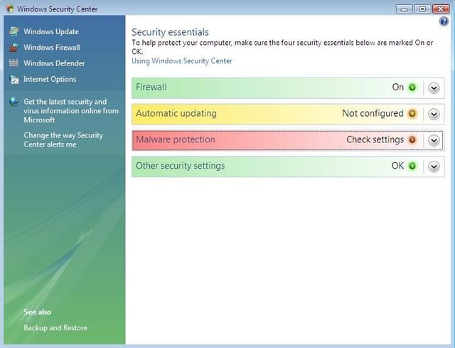 Manage Vista safeguards from the Windows Security Center
