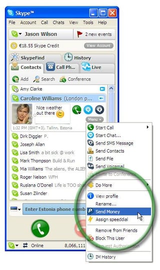 Sending PayPal money using  Skype Beta 3.2