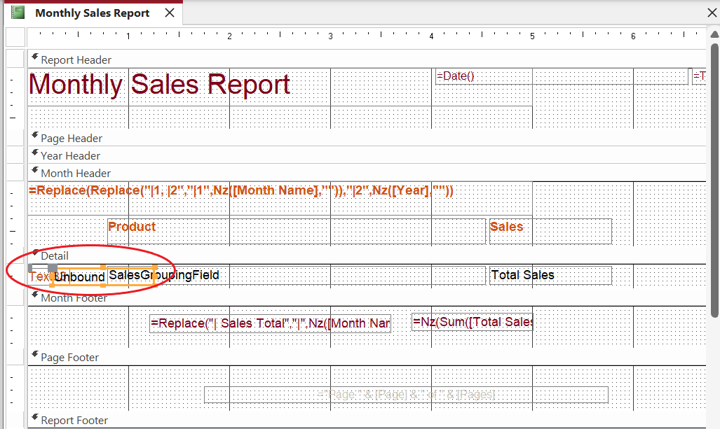 Insert a Text Box control into the report’s Details section.