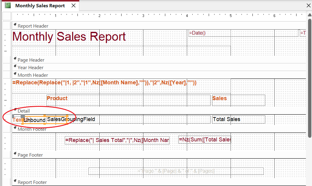 Inserte un control de cuadro de texto en la sección Detalles del informe.