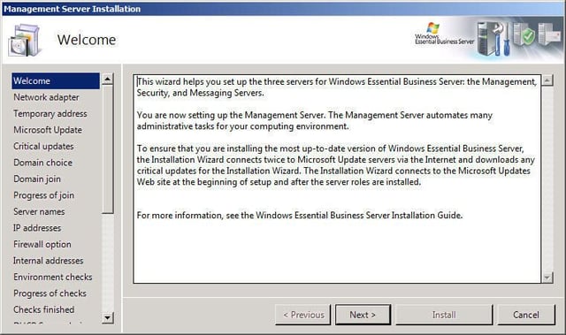 Windows Essential Business Server 2008’s Management Server Installation wizard