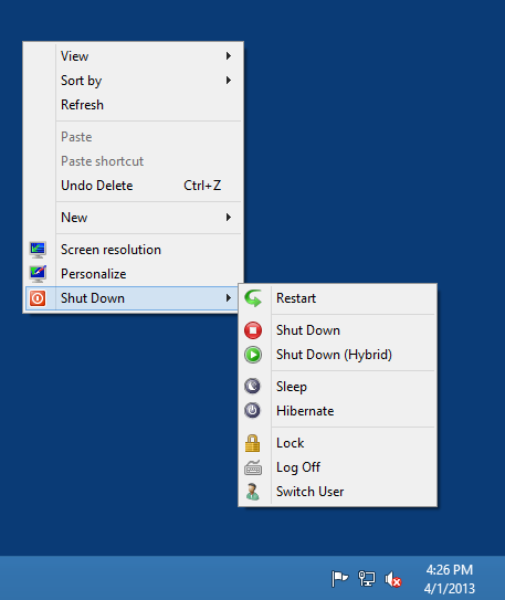 Shutdown Windows 8 from context menu