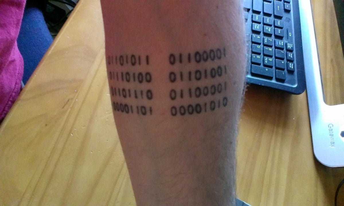 Someone's mystery binary code tattoo. They wouldn't tell the tattooist what  it meant : r/Decoders