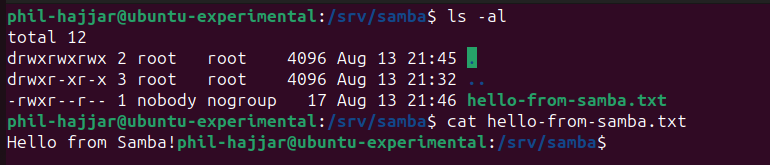 The command line will preview the contents of the file saved to the Samba directory.