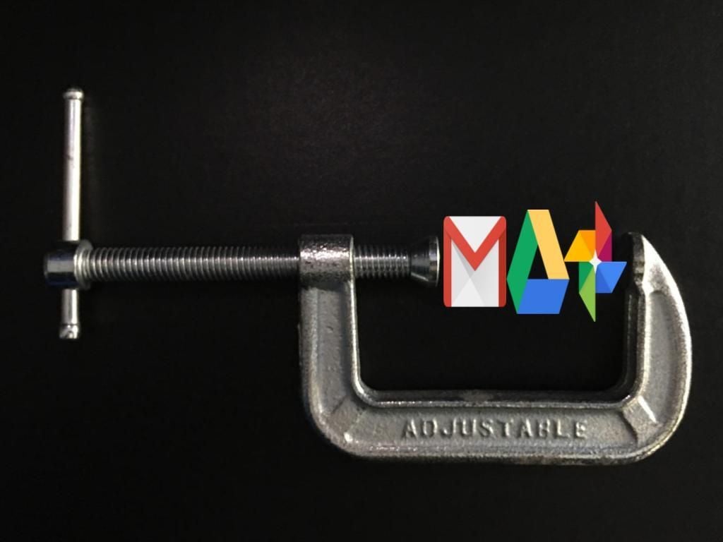 Photo of a clamp compressing Gmail, Drive, and Google Photo icons