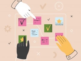 Project management concept. Hands managing daily work tasks on a kanban board. Scrum, agile methodology. Business planning, teamwork, to do list, cooperation. Isolated flat vector illustration