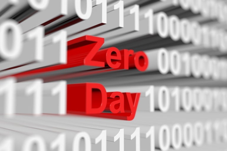 The words Zero Day interrupting a series of bunary zeros and ones.