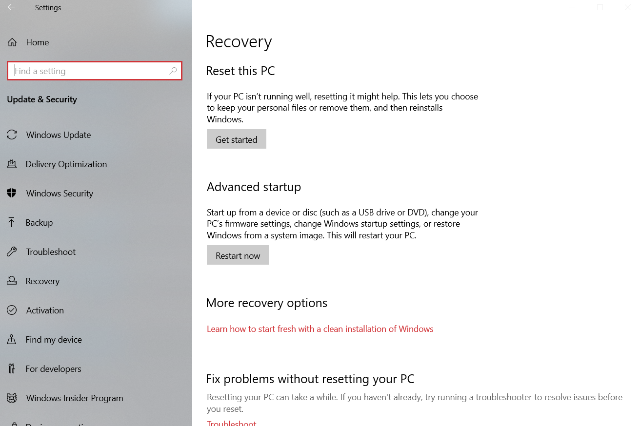 Select Restart now under the Advanced startup section of the Recovery Update & Security menu.