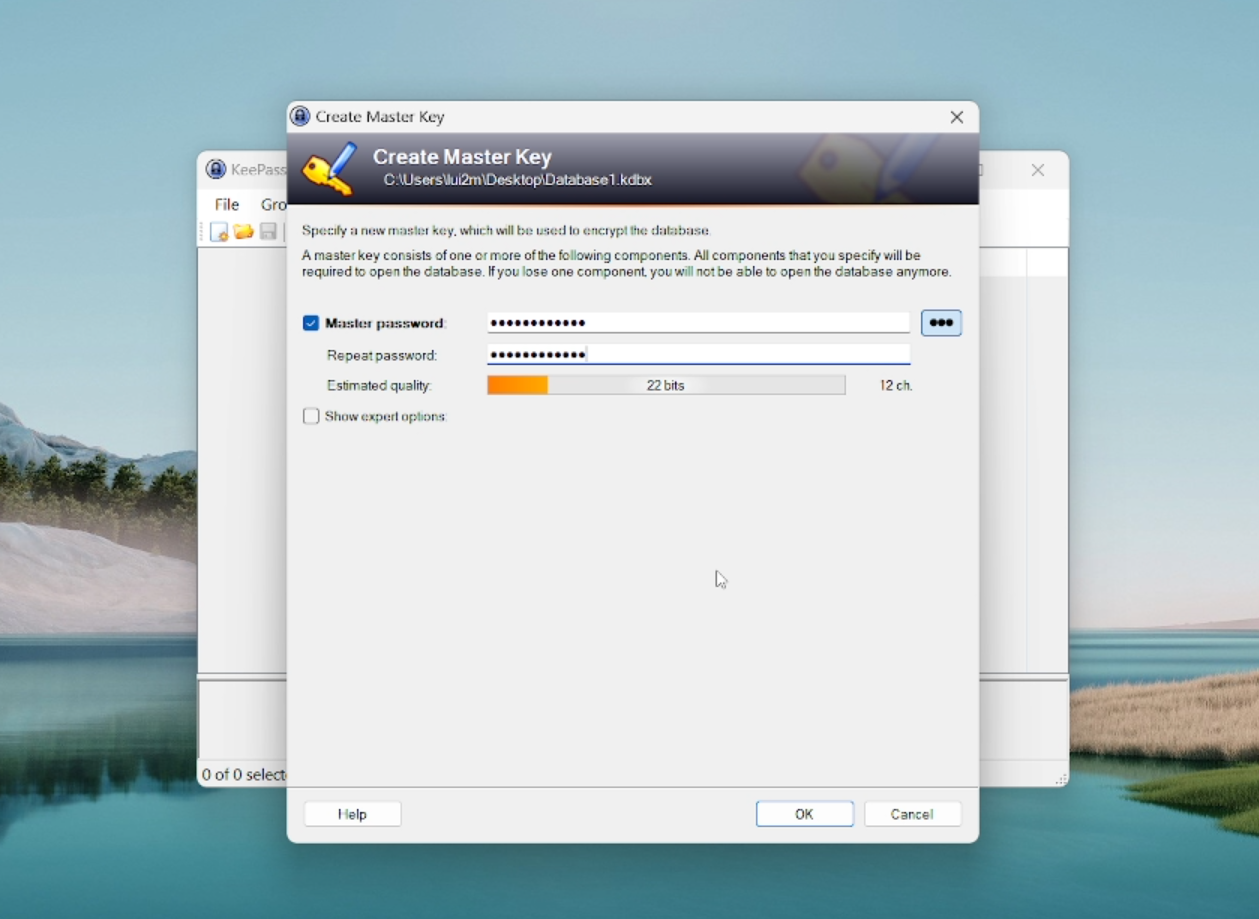 Creating a master password for KeePass.