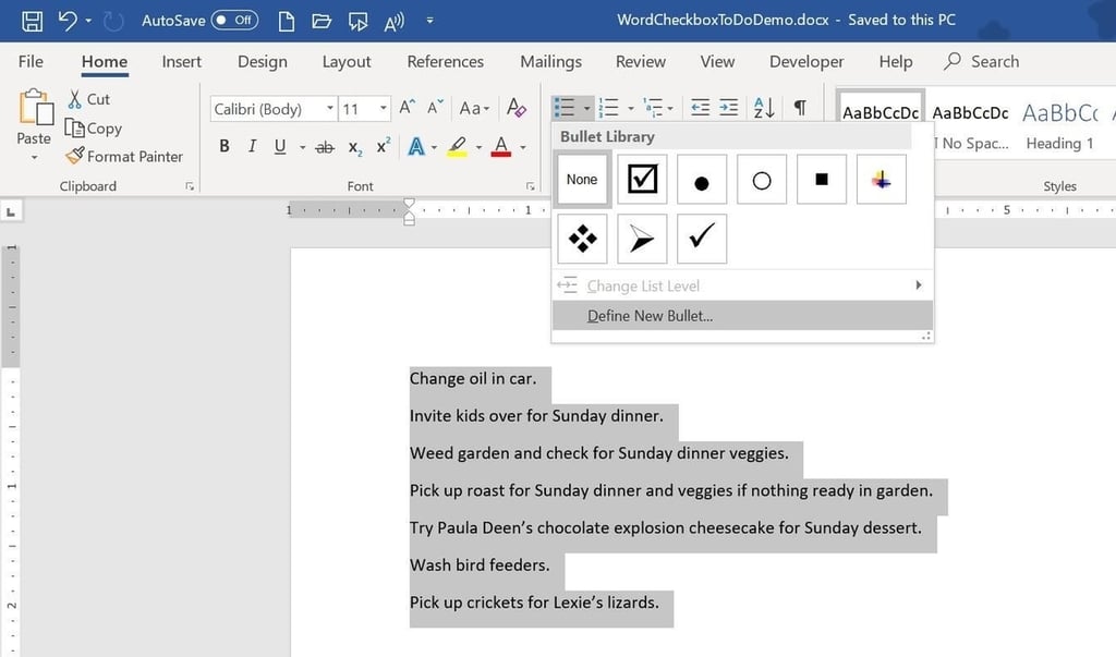 Two ways to add checkbox controls to a Word document