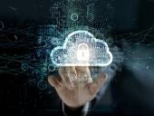 businessman touching Cloud with Padlock icon on network connection, digital background. Cloud computing and network security concept