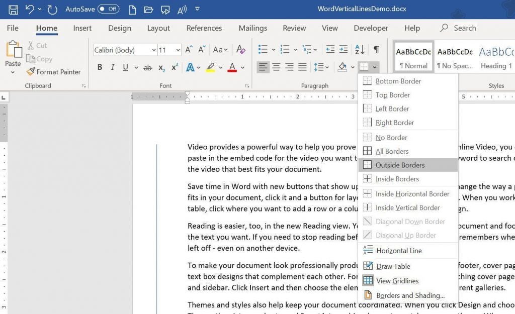 How to add vertical lines to a Word document using Office 365 ...