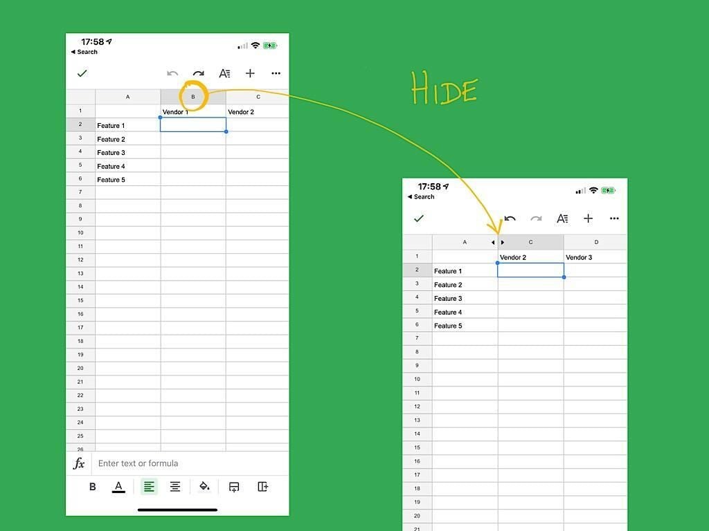How to hide columns or rows in Google Sheets