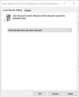 set user account control (uac) to automatically deny elevation requests