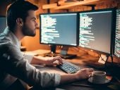 Focused developer coding on computer monitors working late in office
