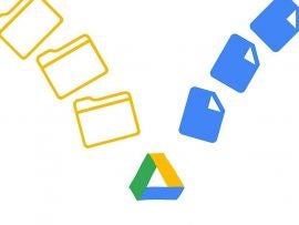 Google Drive logo (center, bottom), with three icons of folders at varying angles arced (above it to the left), and three icons of a document (arced above it to the right)