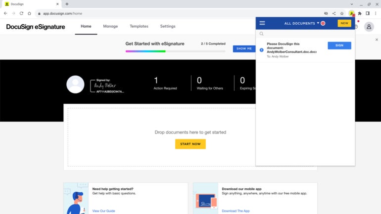 The DocuSign extension offers fast access to documents for signature.