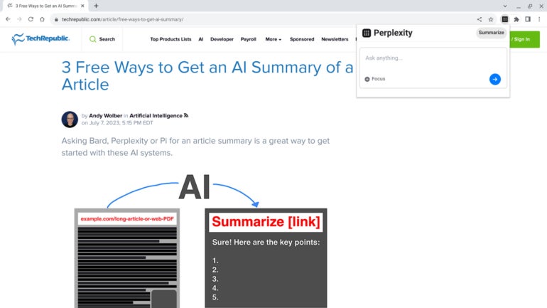 The Perplexity extension lets you either enter a prompt or seek a summary.