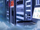 Concept is Business Cloud Technology in a technology data center room and on monitor show graph information of network traffic and status of device