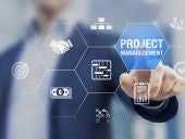 Professional project manager with icons about planning tasks and milestones on schedule, cost management, monitoring of progress, resource, risk, deliverables and contract, business concept