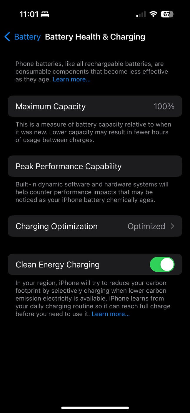 Battery Health & Charging in Settings displays many metrics about the performance of your device's battery.