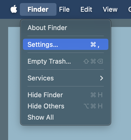 Mac Finder dropdown menu with Settings highlighted in blue