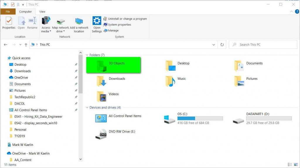 How to remove the 3D Objects folder from File Explorer in Windows 10