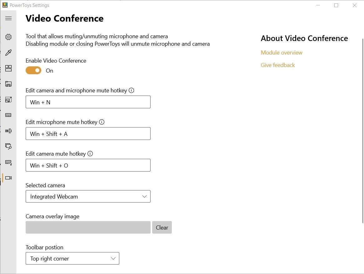 The Video Conference PowerToy menu lets users customize microphone and mute hotkeys. 