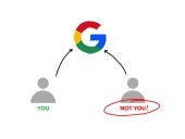 Two gray icons of people: (left) labeled YOU, (right) labeled NOT YOU! with arrows from each pointing to Google's G logo