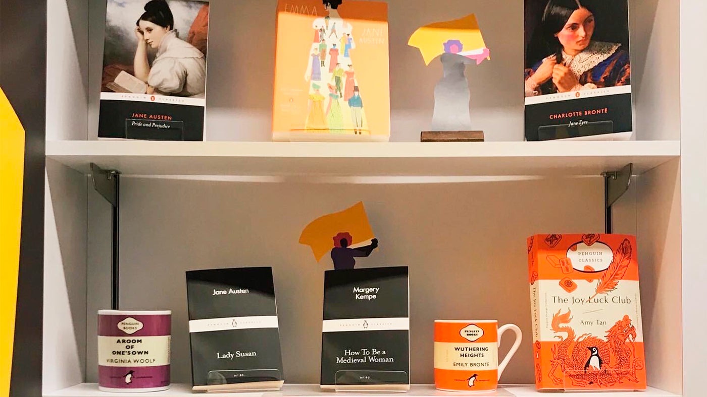 White bookshelf featuring Penguin Classics from famous female authors like Jane Austen and Charlotte Bronte.