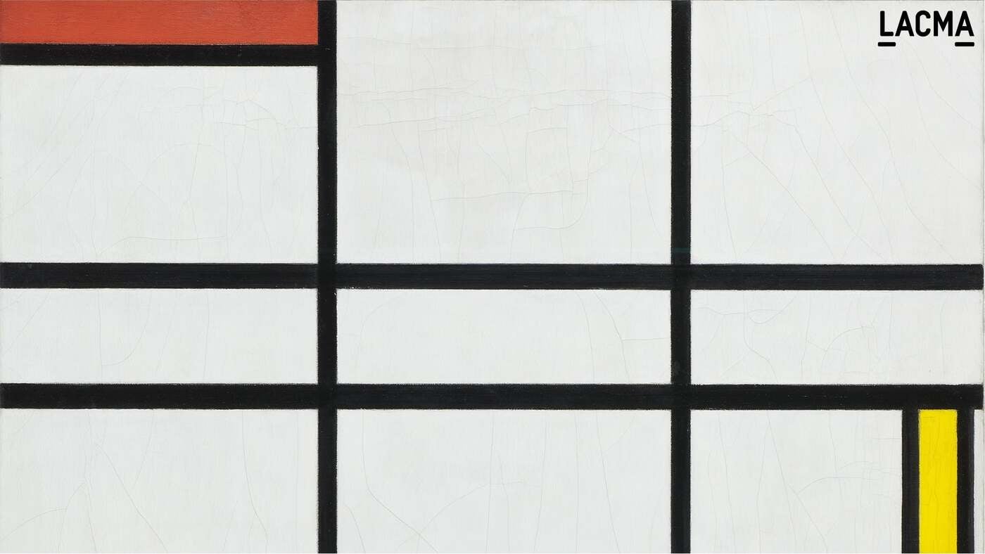 Abstract art with a white background overlaid with black lines and two filled squares, one in red and one in yellow, and the abbreviation "LACMA" in the upper right-hand corner.