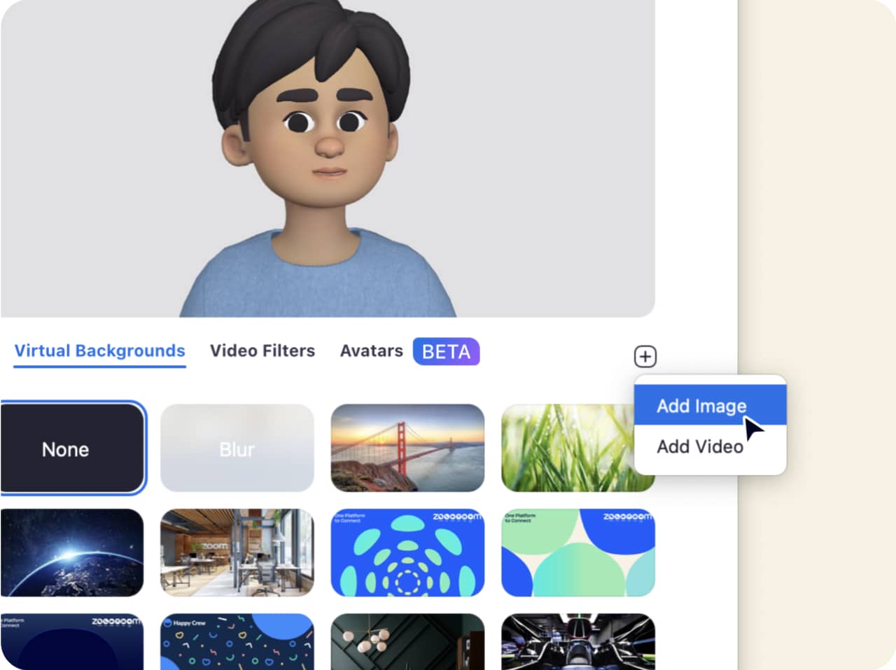 Zoom avatar featuring how to add an image to the virtual backgrounds folder.