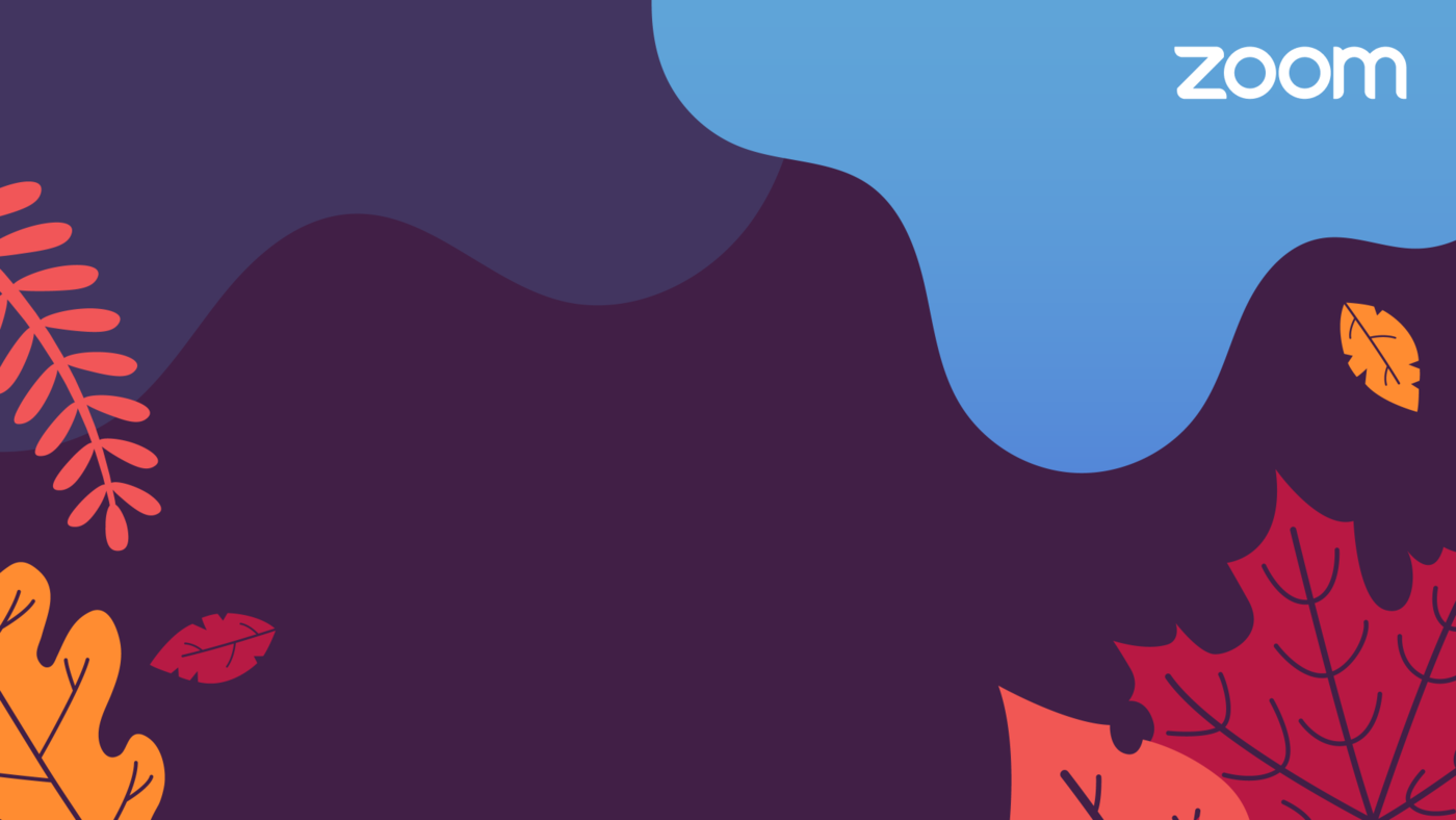 Zoom branded virtual background with dark fall colors and drawings of autumn leaves.