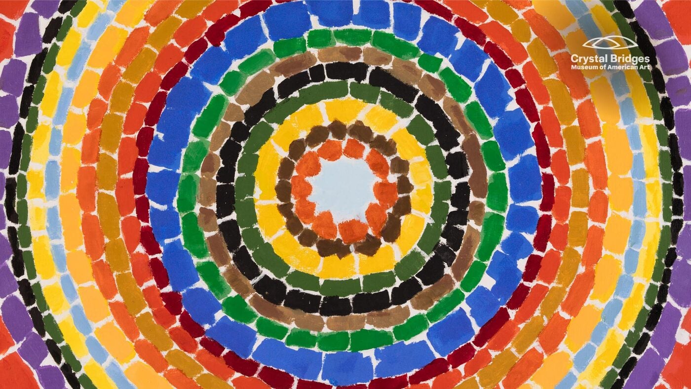 Painting with multiple circles of different colors, appearing as a multicolored wheel or flower.