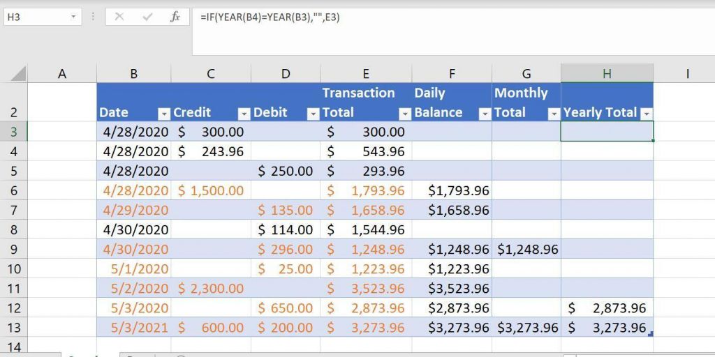 How to subtotal transactions by conditional date components in Excel