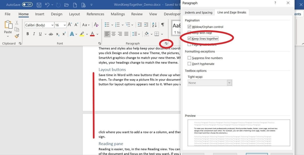 How to keep lines and paragraphs together on the same page in Word ...