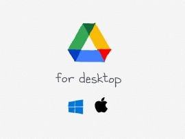 Drawing of Google Drive logo, with words "for desktop" below it, with a drawn Windows and Apple logo below the words.