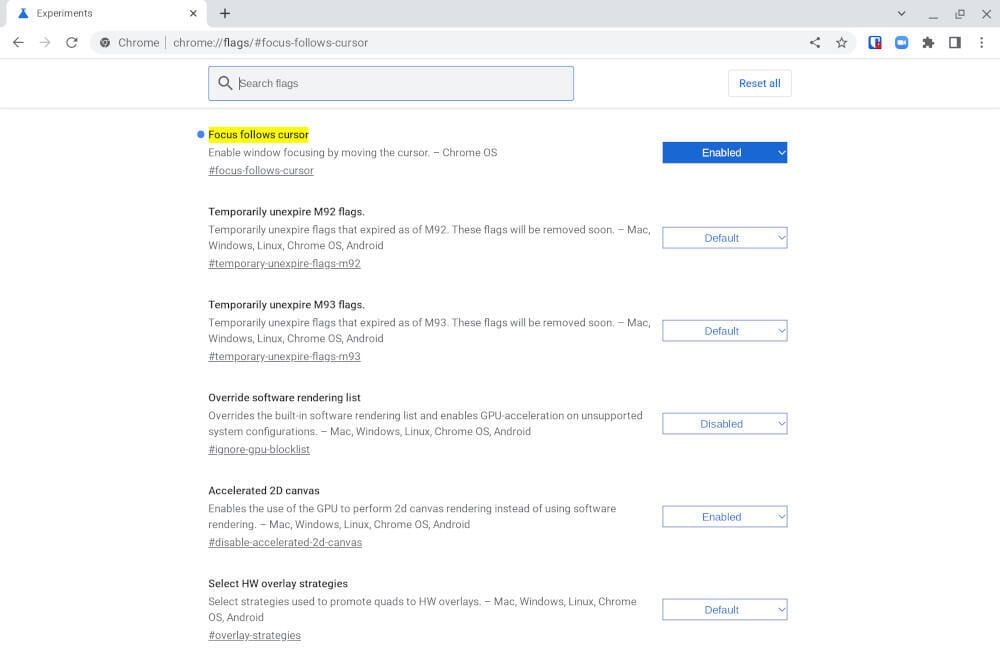 How to enable Focus follows cursor in Chrome OS