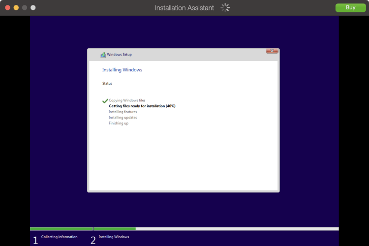 Screenshot of the window that will appear as Windows is installed into the Parallels virtual machine.