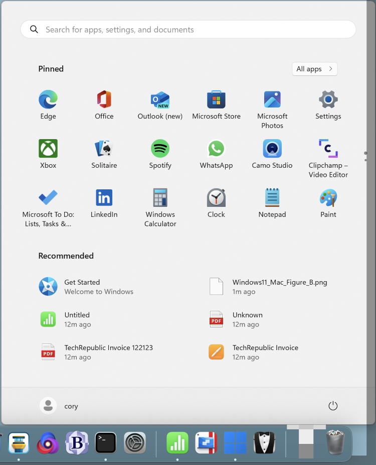 Screenshot of Windows 11 Coherence mode in Parallels Desktop that removes the desktop view and just shows the apps.