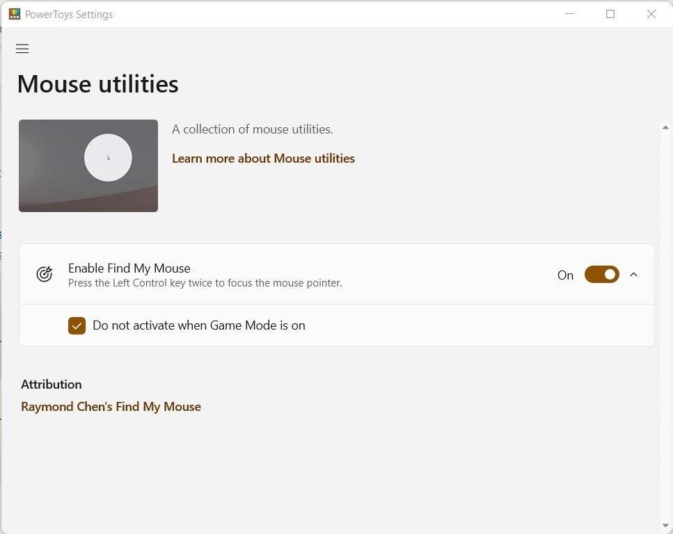 Mouse Utilities allows the user to turn on Find My Mouse. There is also a selection for whether or not to keep Find My Mouse on during Game Mode