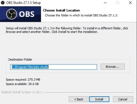 OBS Studio installation folder selection
