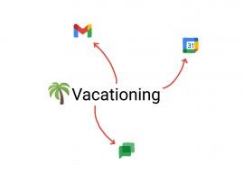 Palm tree emoji next to the word Vacation, with arrows pointing to drawn icons for Gmail, Google Calendar, and Google Chat