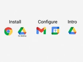 Three words: Install (with Chrome and Google Drive for desktop icons below it), Configure (with Gmail and Calendar icons below it) and Intro (with Google Drive icon below it)