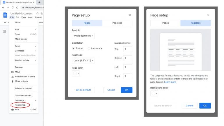Screenshot of three images: (left) Google Doc menu with File selected and Page setup circled, (middle) Page setup | Pages option, with choices to apply to Whole document, Orientation (Portrait, Landscape), Paper size (8.5” x 11”), Page color (white), and Margins (1 in on all sides); and (right) Page setup | Pageless, with Background color set to white.