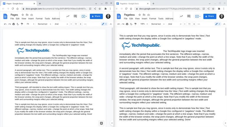 Two screenshots: (left) Google Doc with Pages set, and Zoom set to Fit. Text is surrounded by static margins of 1” on all sides, and gray space surrounds the Document area. (right) Google Doc with Pageless set. Compared to the other format, the text is larger and white space surrounding the text is much less of the page.