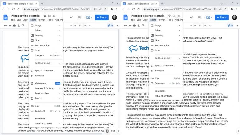 Two screenshots, both with all Insert menu options displayed (e.g., Image, Table, Drawing, Chart, etc.). Pages (left) includes Footnote, Watermark, Headers & Footers, Page numbers and Break, among others. Pageless (right) omits all of the previously listed items.