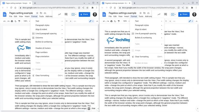 Two screenshots, both with all Format menu options displayed (e.g., Text, Paragraph styles, Align & indent, Line & paragraph spacing, etc.). Pages (left) includes Columns, Headers & footers, Page numbers and Page orientation. Pageless (right) omits those items.