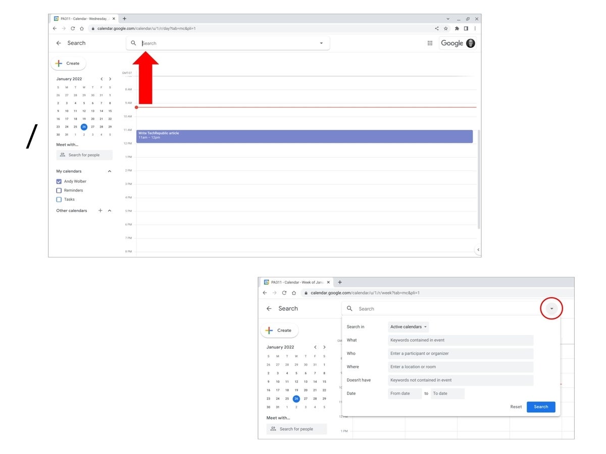 The key / labeled to the left of a screenshot of an active cursor in the Google Calendar search field. An inset in the lower right displays the additional search options available via the drop-down search box menu: Search in (specific calendars), what, who, where, doesn’t have, and date fields.